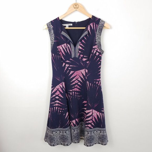 Maggy London Navy Palm Print A-Line Fit and Flare Dress size 6 - Picture 1 of 6